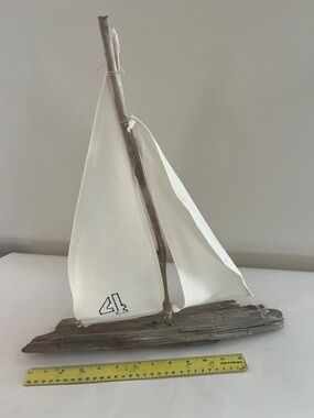 Handmade driftwood sailboat with canvas sails approx. 17 in tall